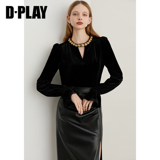 DPLAYDPLAY Light Luxury Sparkling Diamond Series 2025 Autumn New Black Shirt Women's Sparkling Diamond Hollow Design Top Velvet Shirt - Classic Black XL