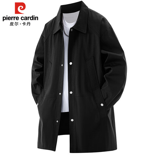 Pierre Cardin windbreaker men's autumn and winter Korean style loose casual mid-length coat trendy lapel coat men's black 3XL