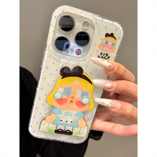 Jisma Japanese and Korean cute ins polka dot blue skirt crying baby flip mirror suitable for 16promax new 15pro Apple phone case 14pro double layer 13 all-inclusive 11 anti-fall 12 soft plu polka dot blue skirt crying baby shell + mirror stand iPhone 16 pro