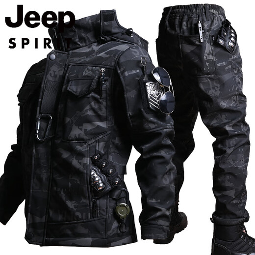 JEEP SPIRIT outdoor fishing and riding outer workwear set motorcycle functional soft shell jacket suit men's winter velvet camouflage suit M 170 (121-135Jin Jin equals 0.5 kg)