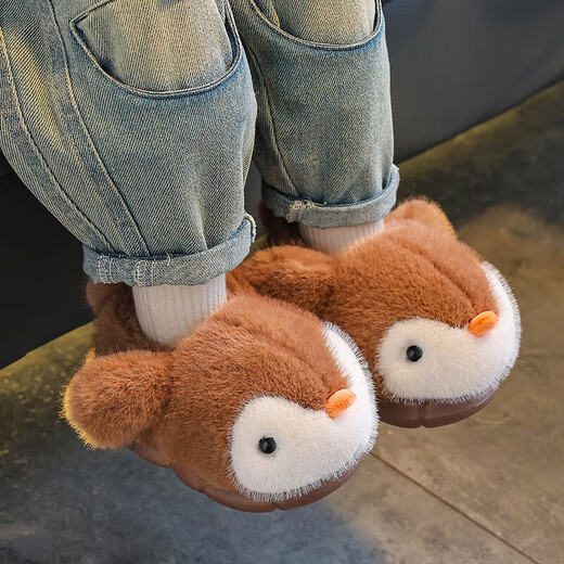 Children's cotton slippers, boy's winter cartoon, cute non-slip indoor bathing soft-soled baby penguin slippers, upgraded version of environmentally friendly material rose red slippers, size 12 34/35 (shoe length 20CM, suitable for feet 19