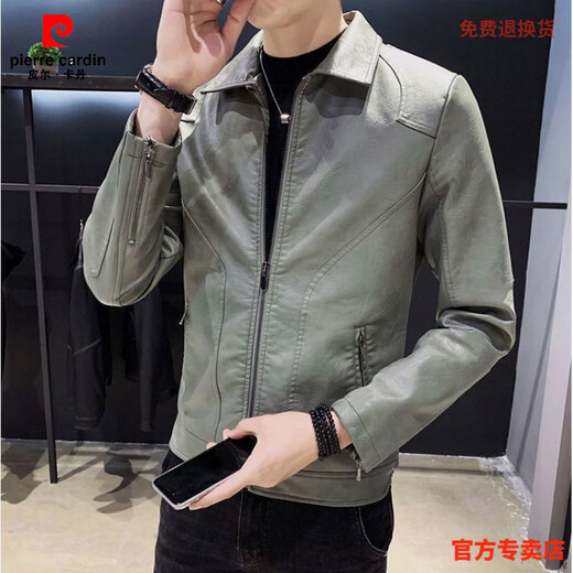 Pierre Cardin leather jacket new style velvet thickened men's jacket casual Korean style slim leather jacket handsome lapel motorcycle black thin 2XL 130-145Jin Jin is equal to 0.5 kg