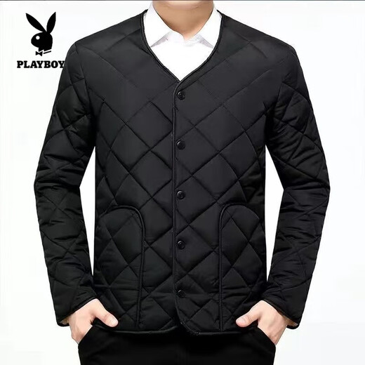 Playboy (PLAYBOY) autumn and winter men's cotton-padded jacket with velvet and thickening for cold protection, men's cotton-padded jacket with warm snap buttons, middle-aged dad's cotton-padded coat, official flagship, fine velvet and velvet, thickened navy blue 2XL 110-130Jin Jin is equal to 0.5kg