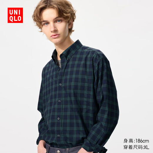 Uniqlo men's and women's high-quality long-staple cotton plaid shirt long-sleeved shirt casual cotton 25 autumn and winter 480766 59 dark green L /175/100A