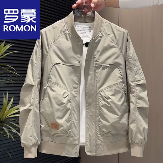 Romon Jacket Spring and Autumn Men's High-end 2025 Latest Baseball Jacket Casual Work Wear Trendy Upper Clothes 1X16/1920 Rice White XL Recommended 135-150 Jin Jin equals 0.5 kg