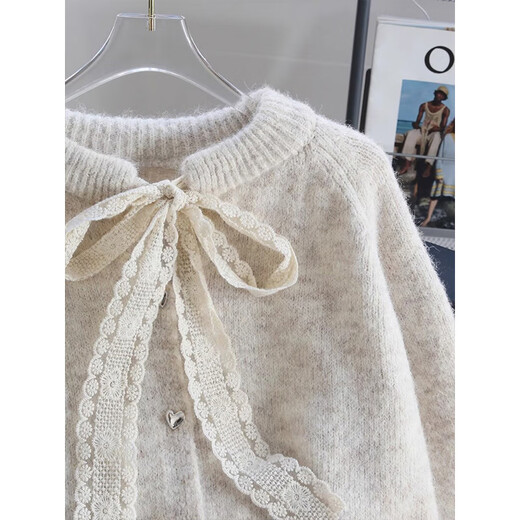 Clothing Yuan Lace Lace Bow Knitted Cardigan Jacket Women's Autumn and Winter 2025 New Loose Round Neck Long Sleeve Sweater Top Apricot One Size (85-120Jin Jin is equal to 0.5 kg)