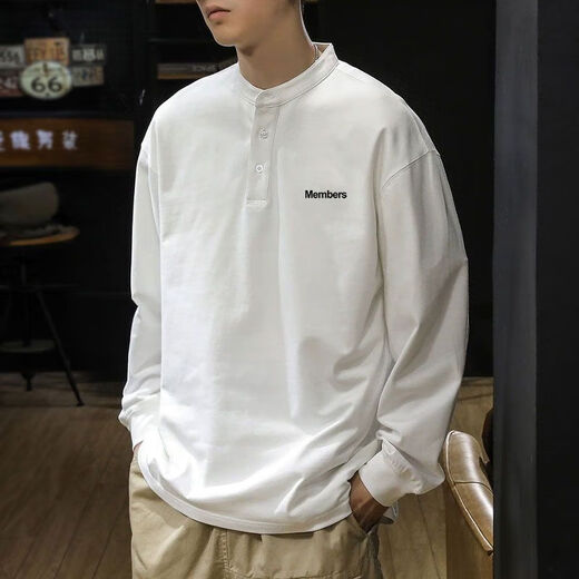 Qisiman American classic retro 350g heavyweight sweatshirt men's long-sleeved autumn and winter British style Henry collar POLO shirt for men white autumn clothing regular M recommended 90-115Jin Jin equals 0.5 kg