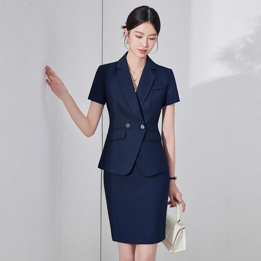 Summer business attire short-sleeved small suit collar jacket for women new hotel front desk work clothes formal waist work new style blue suit + pants (JY6210) S