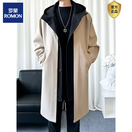 ROMON fake two-piece black woolen coat, men's mid-length hooded windbreaker, a complete set for winter, black single coat M (95-115Jin Jin equals 0.5kg)
