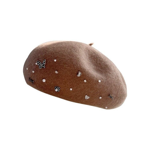 Foyhao Wool Beret Women's Autumn and Winter Pumpkin Hat Small Fragrant Style Fashionable Warm Hat Handmade Pearl Rhinestone Painter Hat Cream White