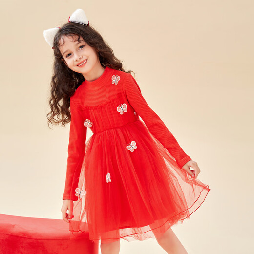 Montagut Children's Clothing Girls Autumn and Winter New Three-dimensional Bow Round Neck Children's Spliced Mesh Skirt New Year's Festive Dress Fashion