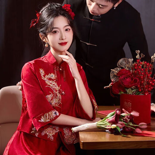 Xianqing Pregnant Women's Toast Wear for Women Bridal Wedding and Engagement Dress New Chinese Style Large Size Fat Girl Out of the Court Wedding Dress Burgundy Dress S