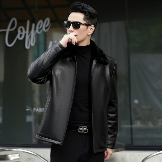 Haining fur all-in-one leather jacket for men, winter plus velvet, thickening and warmth, black M 170