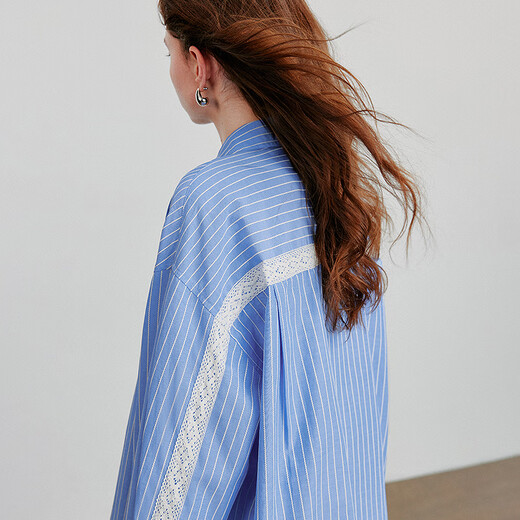 Chuyu striped splicing lace mid-length loose shirt for women 2025 autumn new casual cardigan blue and white stripes M