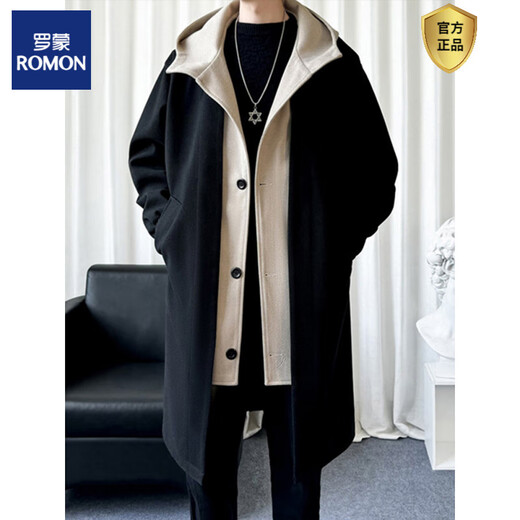 ROMON fake two-piece black woolen coat, men's mid-length hooded windbreaker, a complete set for winter, black single coat M (95-115Jin Jin equals 0.5kg)