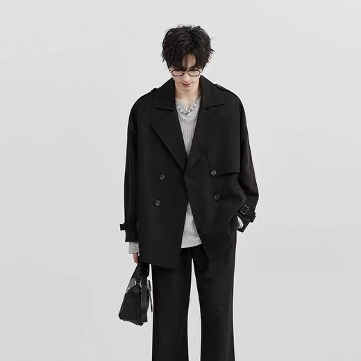 Short trench coat for men 2025 spring and autumn new British style commuter casual jacket for men black XL