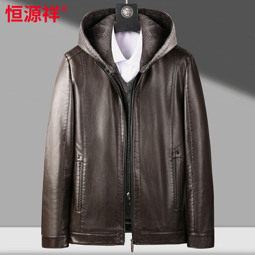 Hengyuanxiang middle-aged and elderly men's velvet thickened leather jacket removable hooded dad leather jacket PU leather grandpa cotton jacket brown 3XL 190