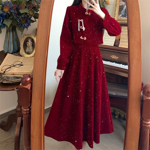 Meianjia 200 Jin Jin is equal to 0.5 kg. Large size new Chinese engagement dress toasting suit for fat mm autumn and winter bride homecoming dress new fake two-piece dress (regular style) S (recommended 80-95 Jin Jin is equal to 0.5 kg)