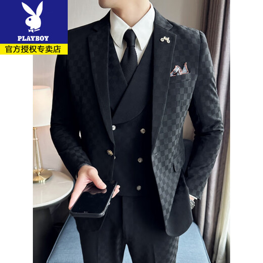 Playboy suit suit men's three-piece slim coat plaid small suit professional formal suit groom handsome wedding dress trendy dark gray suit + vest + trousers + free white shirt + black tie L