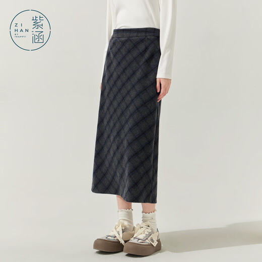 紫涵紫涵羊毛灰格半身裙女2025年冬季新款复古高腰后开叉修身直筒裙子 灰格 M