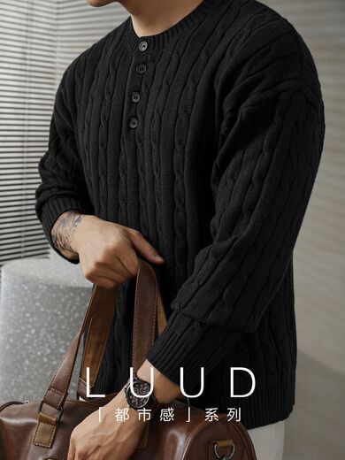 LUUD light luxury Henley collar black sweater men's twist texture high elastic core-spun yarn sweater black S S95-110Jin Jin equals 0.5 kg