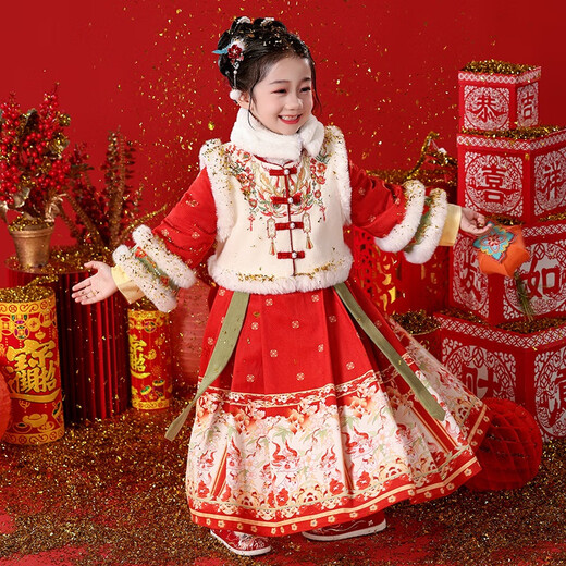Anneyol Hanfu girls' costumes children's horse-faced skirts festive New Year's clothing winter baby girl's New Year's clothing red 120