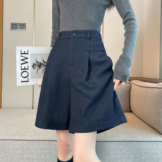 Pierre Cardin navy blue woolen shorts for women autumn and winter 2025 new high-waisted slim a-line outer wear wide-leg temperament mid-length pants dark gray L 108-120Jin Jin equals 0.5 kg Select