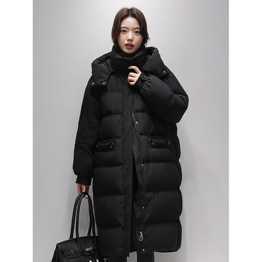 Flying in the Snow Long Down Jacket Women's 25 Winter New Loose Large Size Fashion Warm 90 Fleece Hooded Jacket Black S