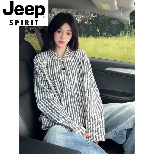 JEEP SPIRIT herringbone pattern American Henry collar sweatshirt men's autumn heavy houndstooth long-sleeved t-shirt polo inner layering shirt gray V-neck M (100-115Jin Jin equals 0.5kg)