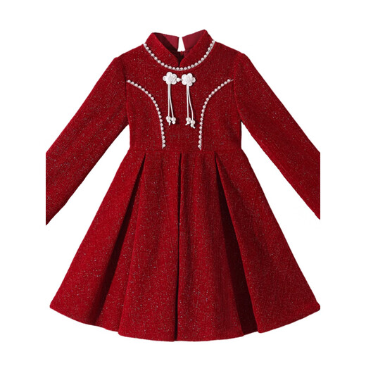 Girls dress winter girls dress autumn and winter little girl Chinese style retro princess dress children beautiful red plus velvet (without pendant) 100 cm