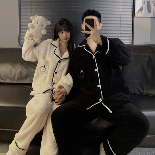 Modal Couple Pajamas Women's Winter Coral Fleece Thickened Cartoon Cute Men's Loose Autumn and Winter Home Clothes Set W1008 Black + White One Set for Men and Women M Women + Men 3XL