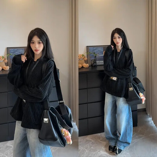 FR.YH.ZH herringbone Henry collar sweatshirt men's autumn long-sleeved bottoming shirt American heavyweight relaxed hooded jacket black (upgraded fabric) 2XL