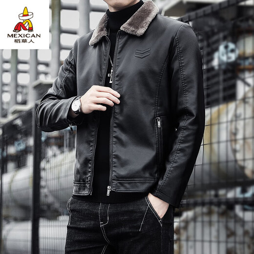 Scarecrow (MEXICAN) Haining Leather Men's Autumn and Winter Thickened Warm Jackets Young and Middle-aged Fur Collar Soft Leather Jackets Winter Men's Brown Velvet Thickened M Recommended 100-115 Jin Jin equals 0.5 kg