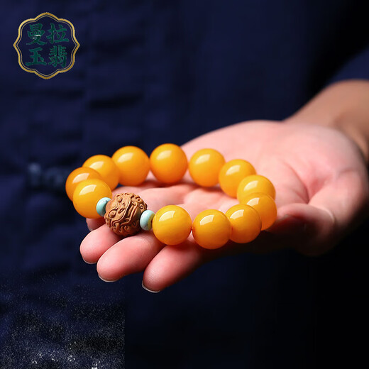 Manla Jade Pei Baltic Sea Natural Beeswax Bracelet Men's Laoshan Sandalwood Pixiu Chicken Oil Yellow Bracelet Round Beads About 16mm Beeswax Bracelet