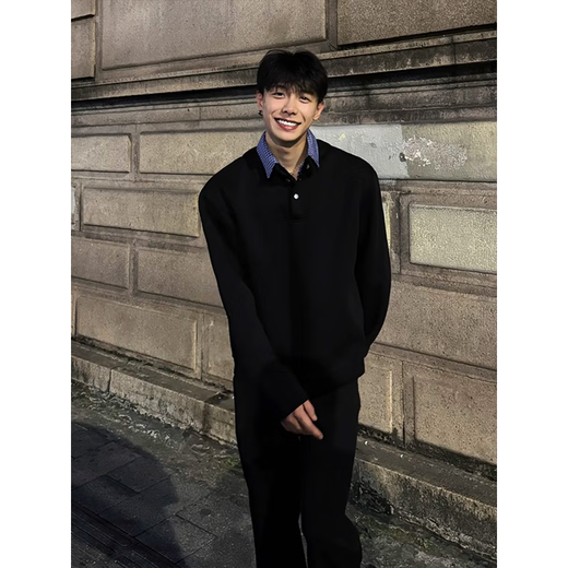 POUM American fake two-piece Polo shirt sweatshirt for men in autumn and winter old money style cleanfit silhouette Henry top OPXFS-W37 black regular M