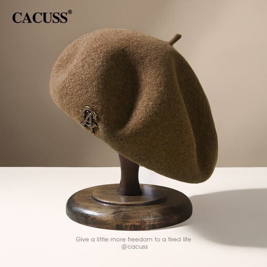 CACUSS beret women's autumn and winter pure wool warm hat women's retro large head circumference showing face small painter hat khaki