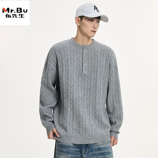 Mr. Bu knitted sweater men's knitted sweater men's autumn and winter new fashion brand American twist feel warm henley collar sweater black M