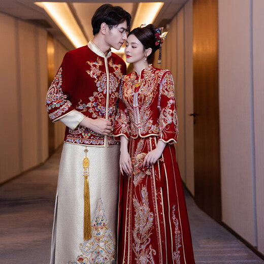 ROAR UTHAUG Xiuhe clothing bride dragon and phoenix hanging 2025 new wedding toast dress wedding dress out of the pavilion slim dress skirt XH1721 Xifeng no headdress S