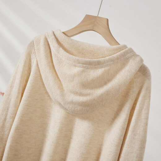 Chunzhu 100% pure wool hooded sweater, lazy style, versatile solid color pullover, warm sweater, women's top, cardigan, apricot XL (105CM)