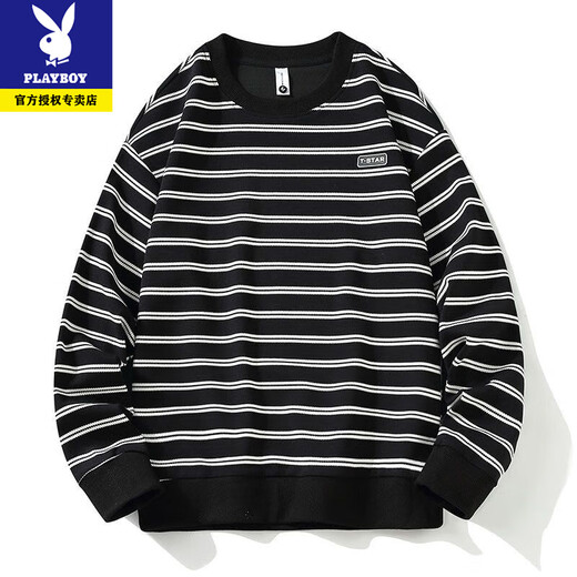 Playboy's new sweatshirt men's spring, autumn and winter round neck versatile slim fit plus velvet high-end striped men's long-sleeved T-shirt bottoming shirt 3376-black spring and autumn style XL recommended 130-145Jin Jin equals 0.5 kg