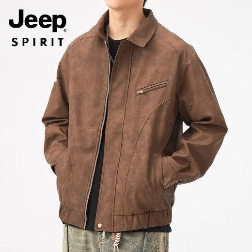 JEEP SPIRIT2025新款复古夹克男翻领秋冬美拉德美式潮流工装痞帅机车皮衣外套 咖色  升级款G1572 M 建议110斤以下
