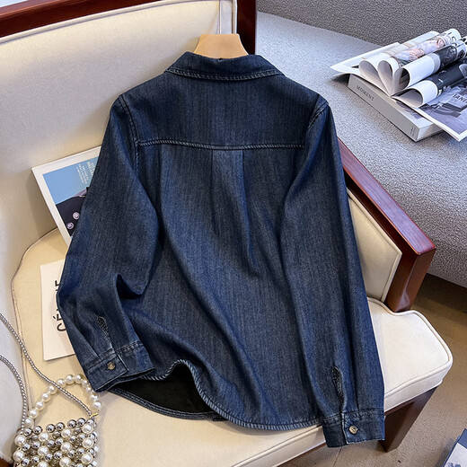 ANGEL MOOD thickened velvet retro washed denim shirt women's jacket autumn and winter versatile trendy women's tops denim shirt blue M