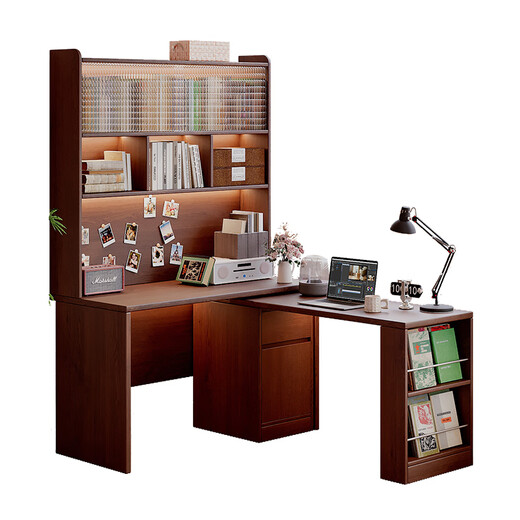 Gujia Home Corner Desk Bookcase Integrated Home Desktop Computer Desk Study L-Shaped Study Writing Desk Desk Workbench Table Frame Combination Walnut Color 1M Door-to-Door Installation Included