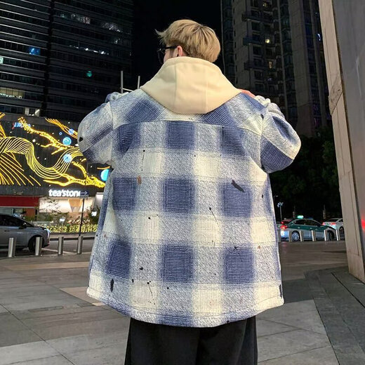 2025 Spring, Autumn and Winter New Plaid Jacket for Men and Teenagers Hooded Hong Kong Style Trendy Handsome Hooded Baseball Jacket Gray XL