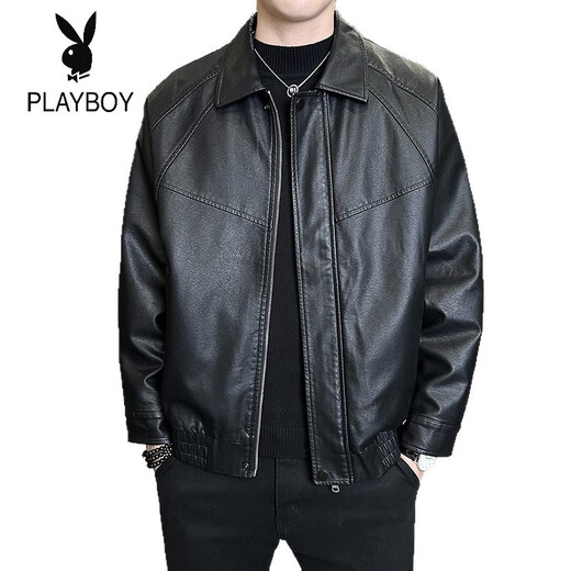 Playboy (PLAYBOY) classic handsome high-end short leather jacket for men 2025 new business wear lapel zipper autumn and winter long sleeve brown 4XL (recommended 190-210Jin Jin equals 0.5 kg g