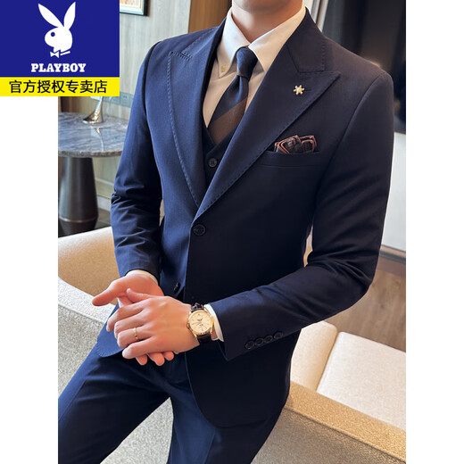 Playboy lapel two-button suit men's business casual solid color Korean slim fit groom's wedding suit three-piece black suit + trousers + vest 4XL (165-180Jin Jin equals 0.5 kg)