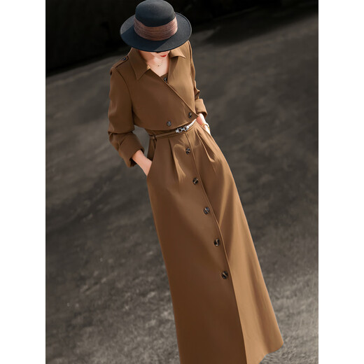 Lancer 2025 new autumn style high-end commuting fake two-piece long-sleeved waist belted suit dress brown brown M