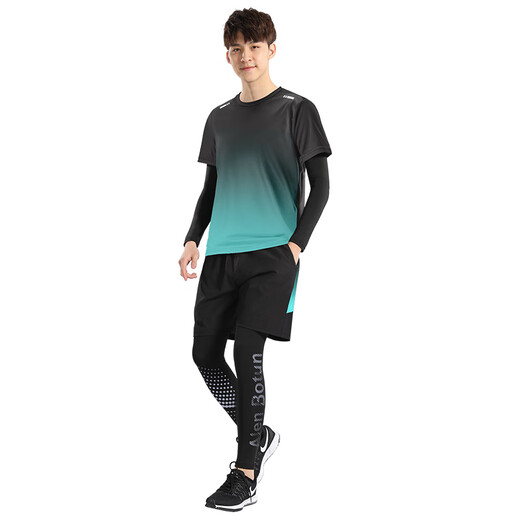 Alen Botun Winter Running Sports Suit Men's Quick-Drying Fitness Clothing Cycling Training Plus Velvet Warm Tight Badminton Suit Four-piece Set Black Green Thin Velvet Comfortable Warm Breathable L 130-145Jin Jin equals 0.5 kg