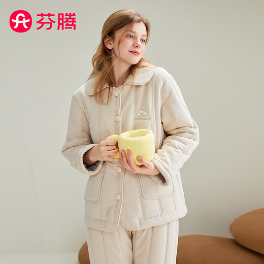 Fenton Couple Pajamas Fan Chengcheng's Same Style Star's Same Style Autumn and Winter Three-Layer Padded Thickened Anti-static Home Clothes Set Light Khaki-Women's XL