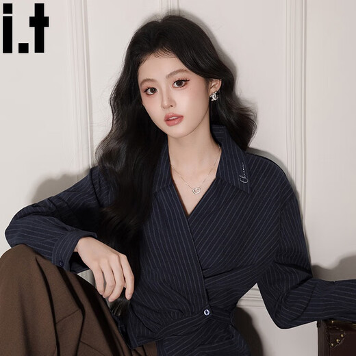 CHOCOOLATE it women's fashionable V-neck striped long-sleeved shirt women's autumn and winter new waist slimming design top navy blue S